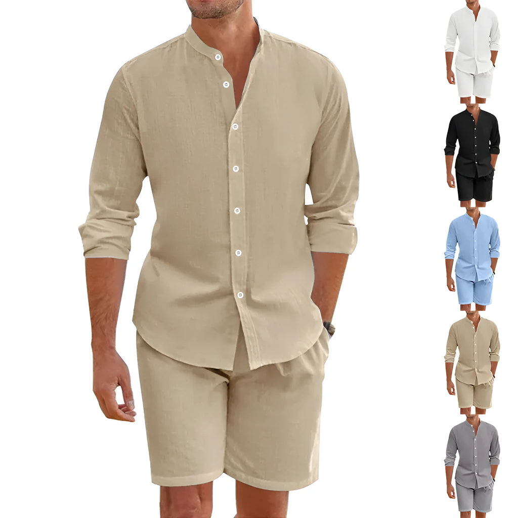 Men's dark grey linen blend short sleeve shirt and matching drawstring shorts set on a hanger.