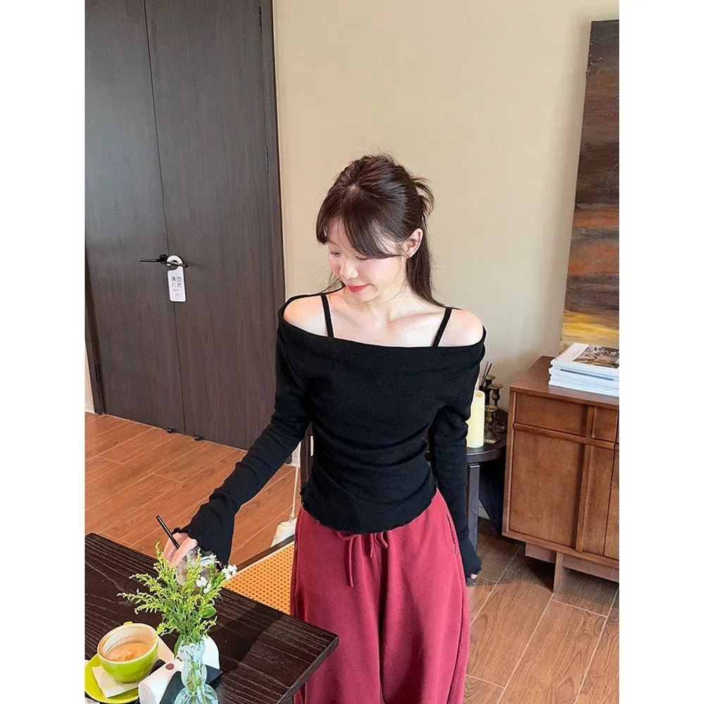 Fashion fake two-piece off-shoulder long sleeve women top in polyester with ruffle detailing, oatmeal colour