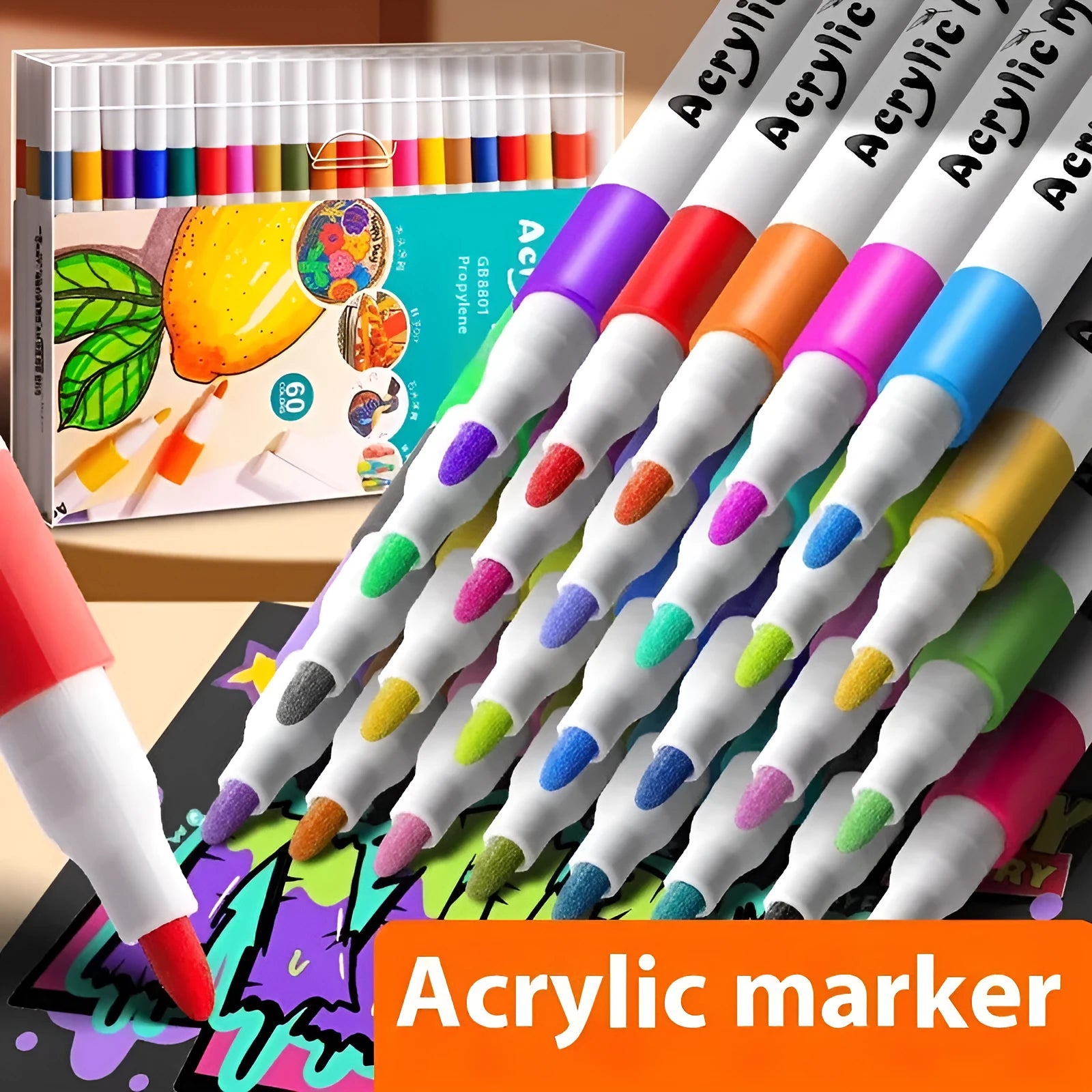 Acrylic marker pen set in multicoloured plastic barrels, available in different colour count options for painting projects.
