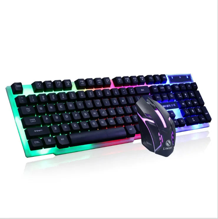 Limei Gtx300 white and black wired mechanical gaming keyboard and mouse set on a desktop.