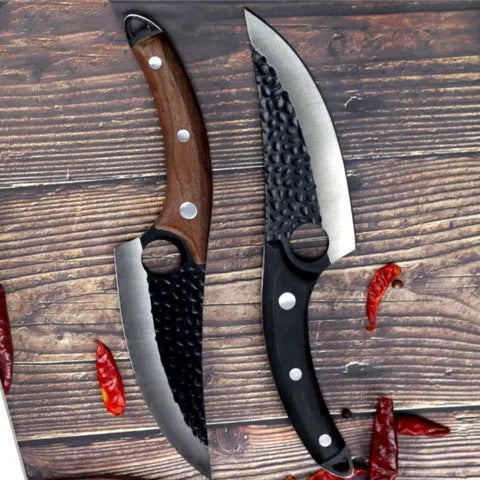 Scimitar-style butcher knife with hammer pattern blade and brown leather sheath.