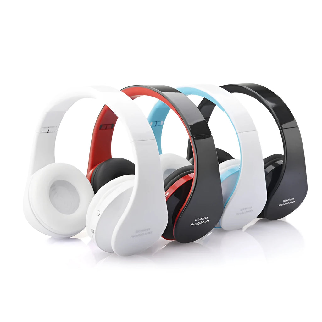 Black foldable Bluetooth stereo headset with microphone, 3.5mm audio jack and 8cm earmuffs