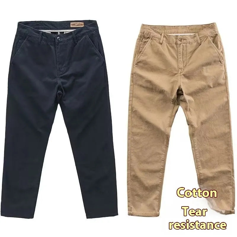 Men's slim straight-leg casual trousers in a washed cotton-polyester blend fabric.