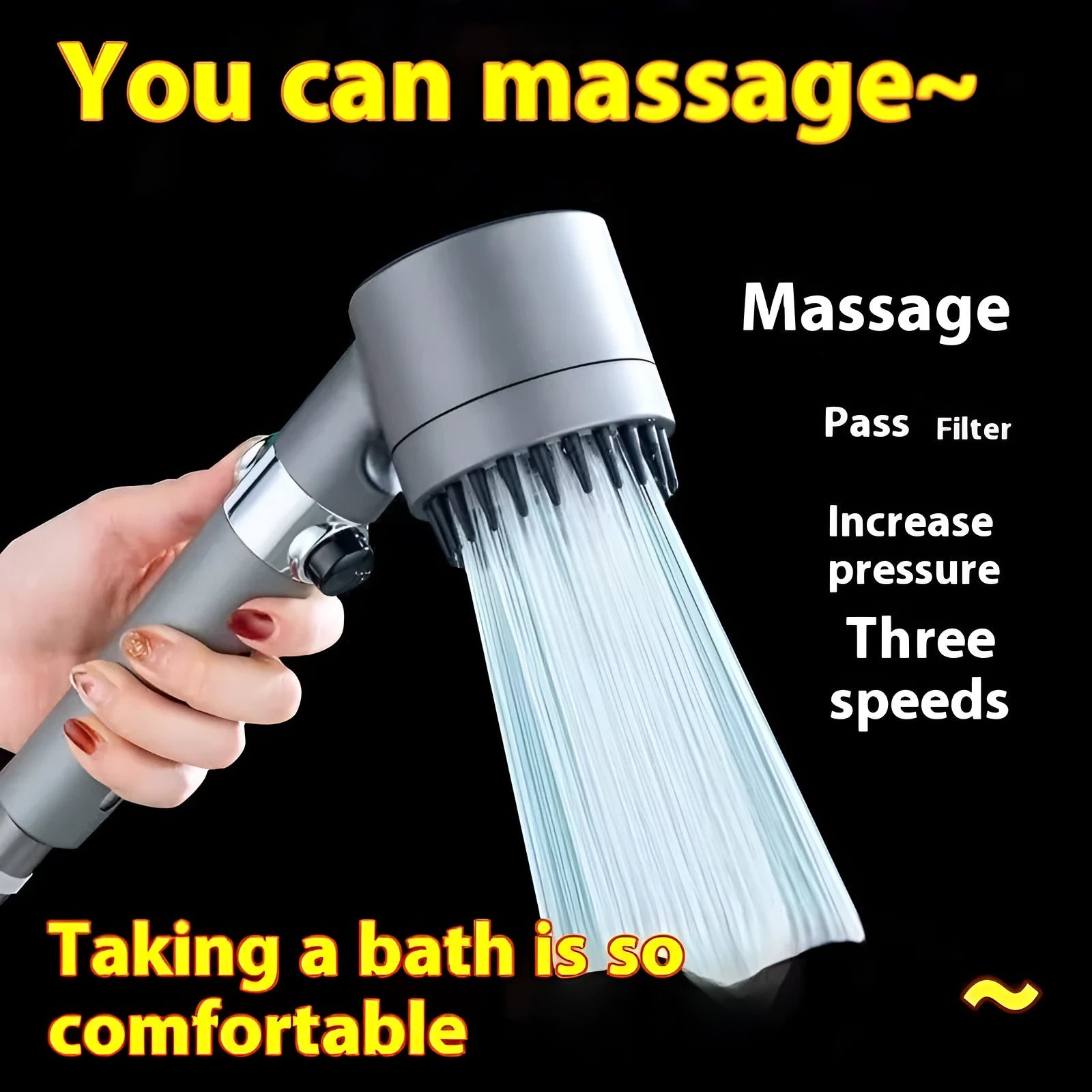 Portable ABS shower head with modern design showing three adjustment settings for different water flows