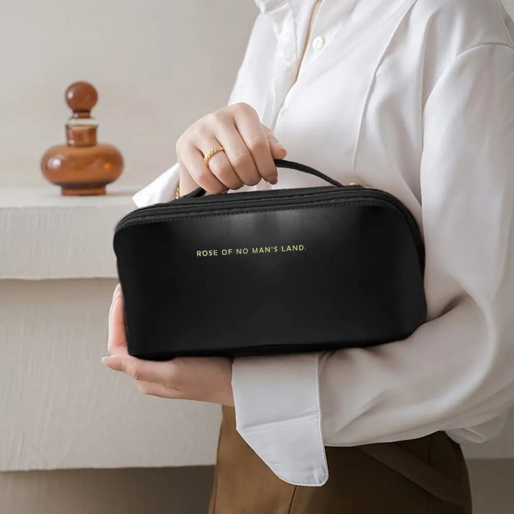 Large capacity PU leather travel cosmetic bag with handle, double-layer design, wire-inserted opening, black colour