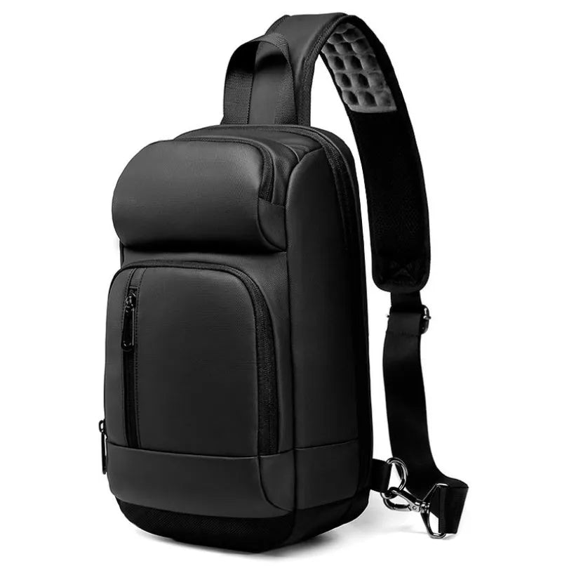 Black medium outdoor PVC shoulder bag with an air cushion strap and organiser pockets.