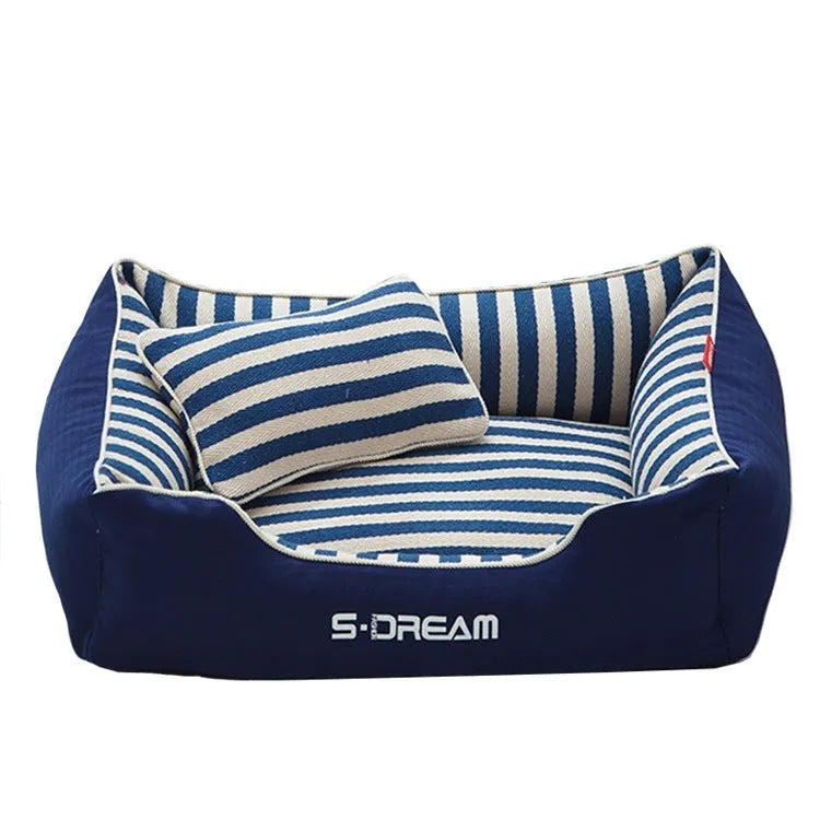 Navy stripes dog kennel mat with removable washable cloth cover and mini pillow