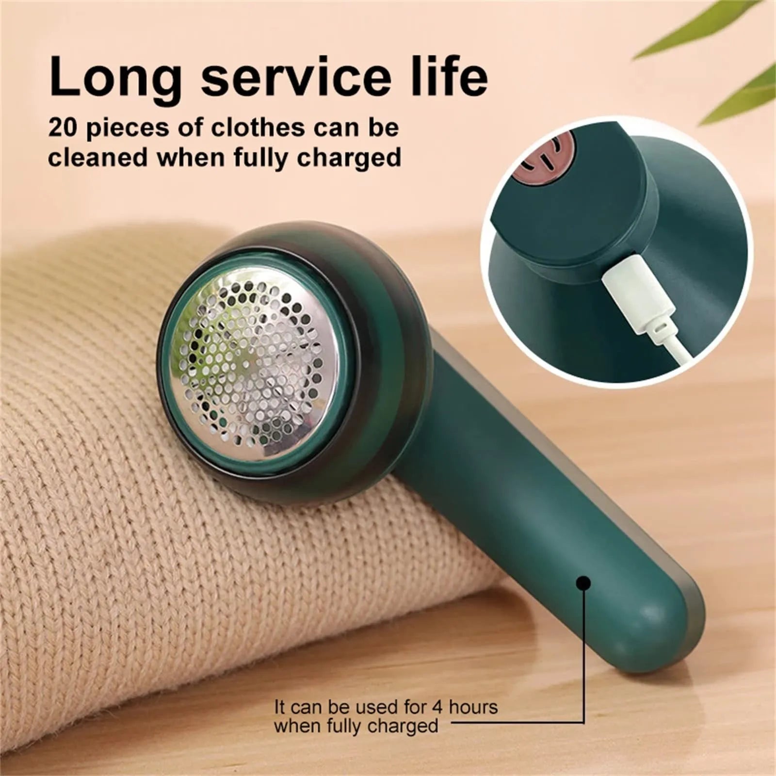 Green and white USB rechargeable electric lint remover with removable lint collector container.