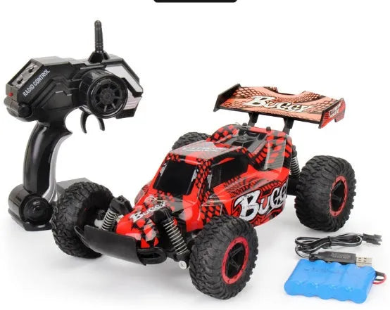 Blue 1:18 scale remote control off-road drift car with 2.4Ghz transmitter on a flat surface.