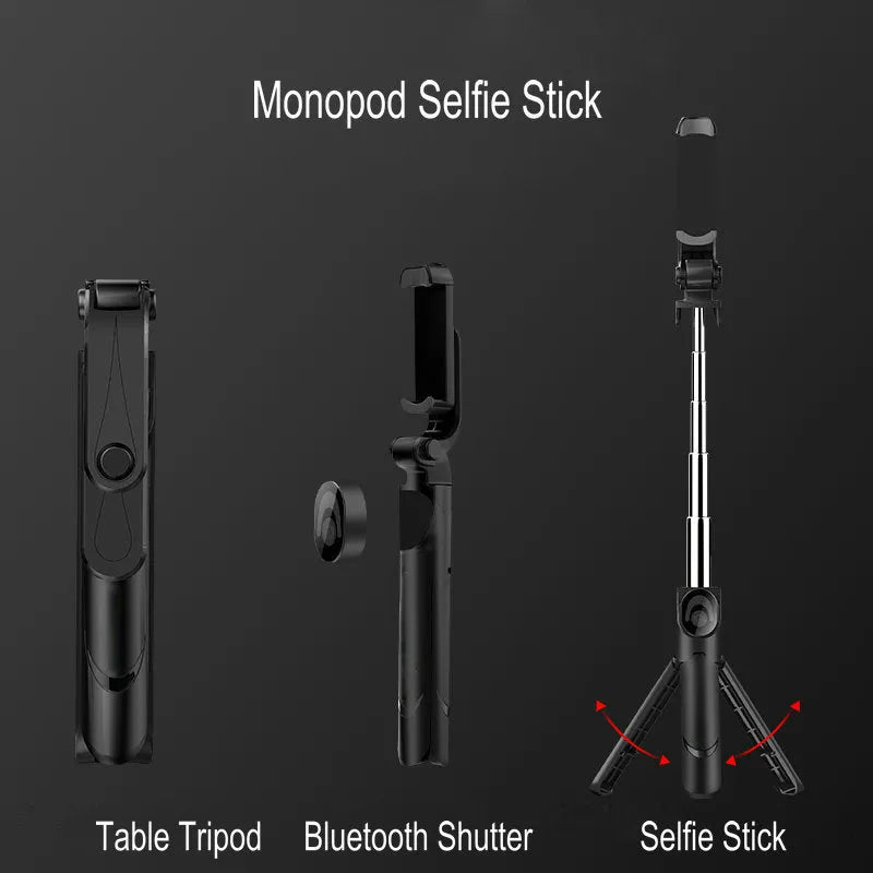Bluetooth handheld selfie stick with wireless remote control in black and white, folded for portability