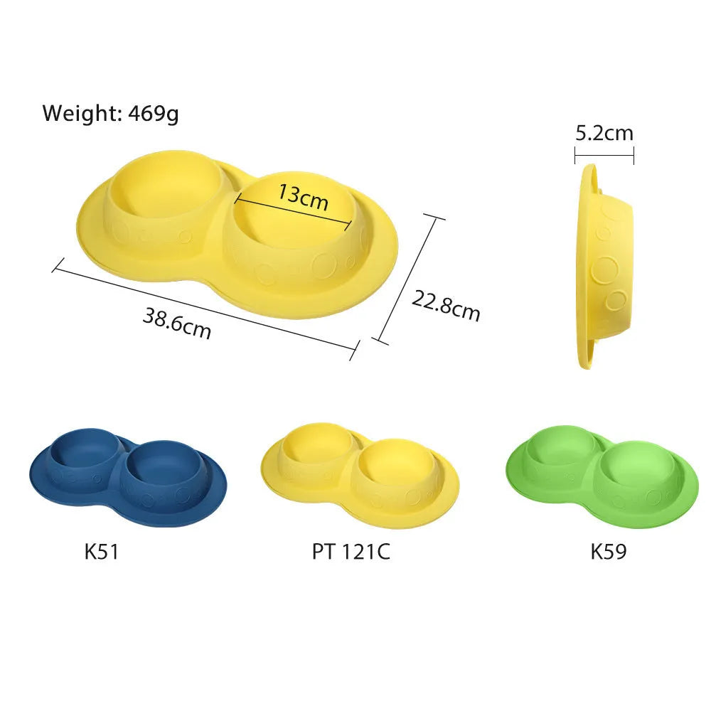 Blue non-slip silicone 2-in-1 pet feeding mat holding water and food bowls