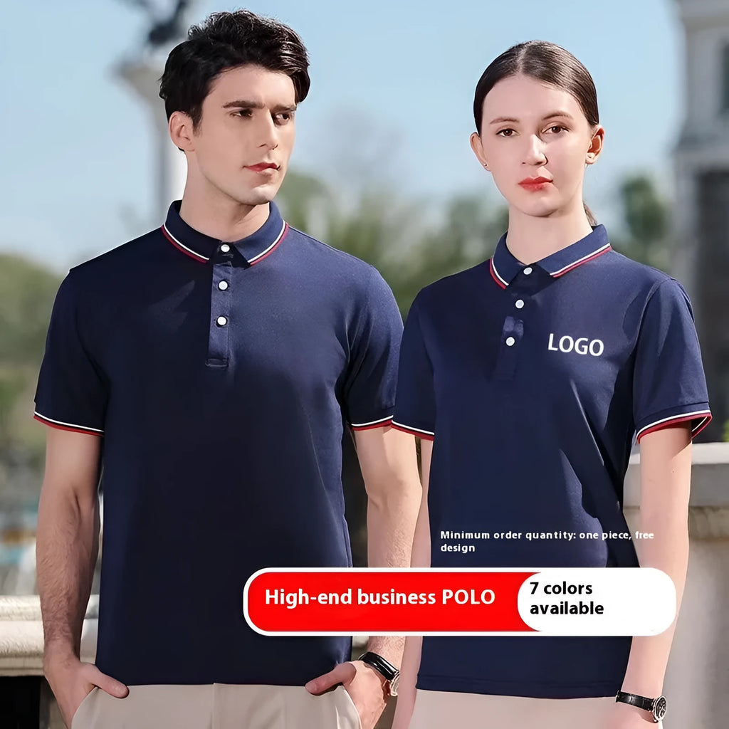 Men's embroidered lapel short sleeve top in navy blue, straight fit, cotton ice ion blend, short sleeves