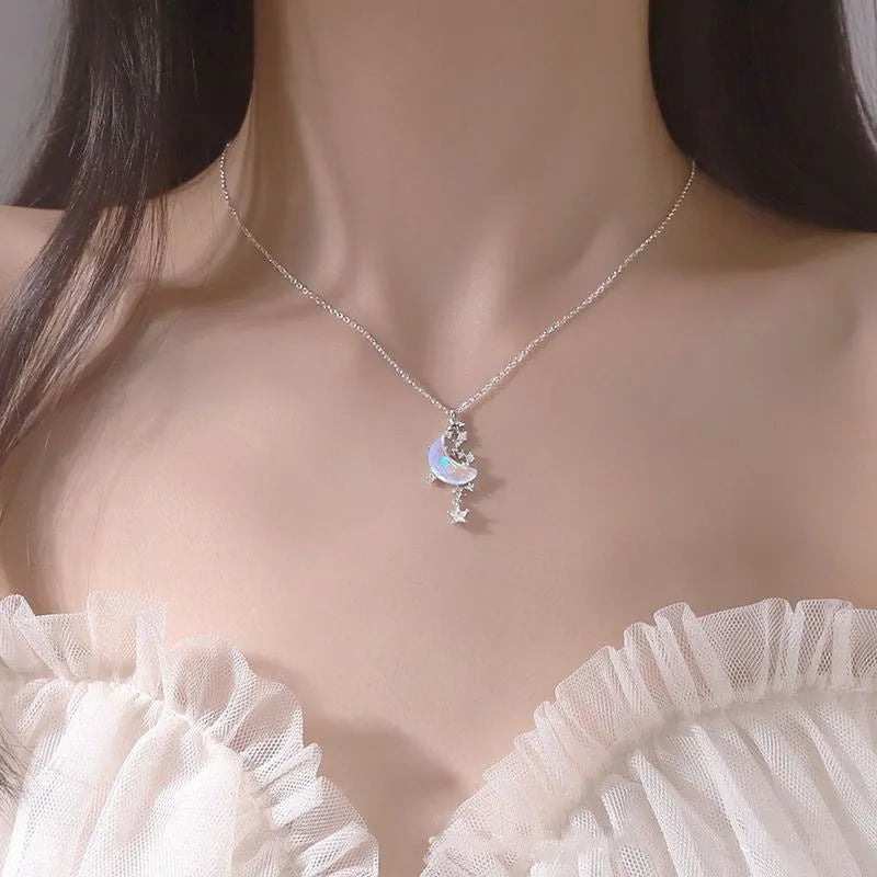 Copper star and crescent moon pendant necklace with diamond treatment on adjustable chain