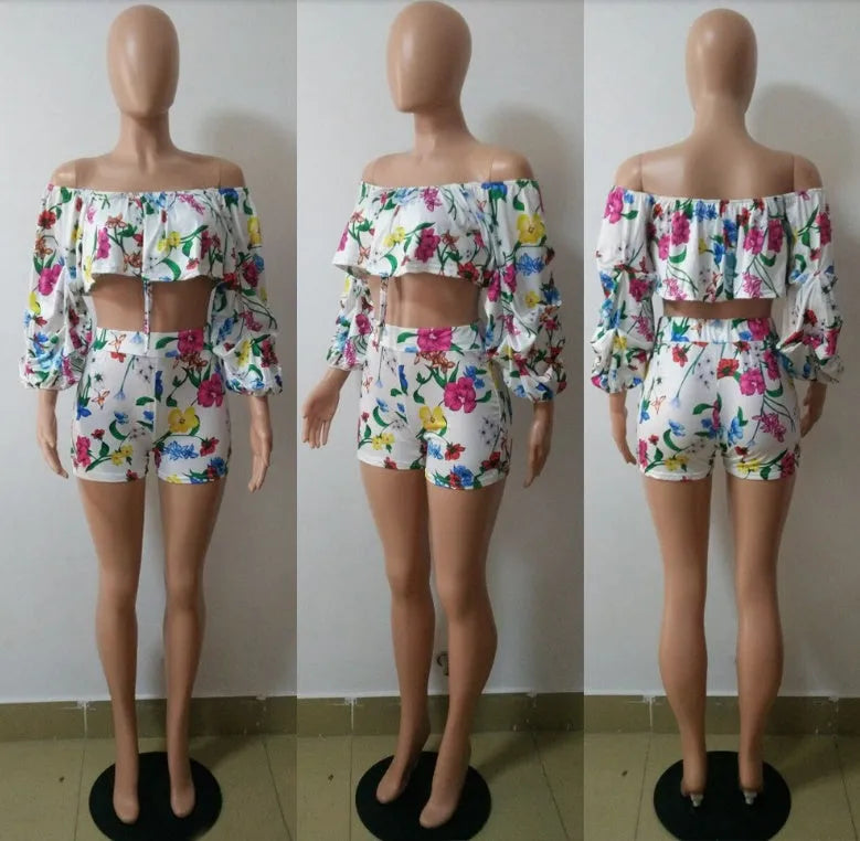 Multicolour digital print two-piece set with pile sleeve top and shorts.