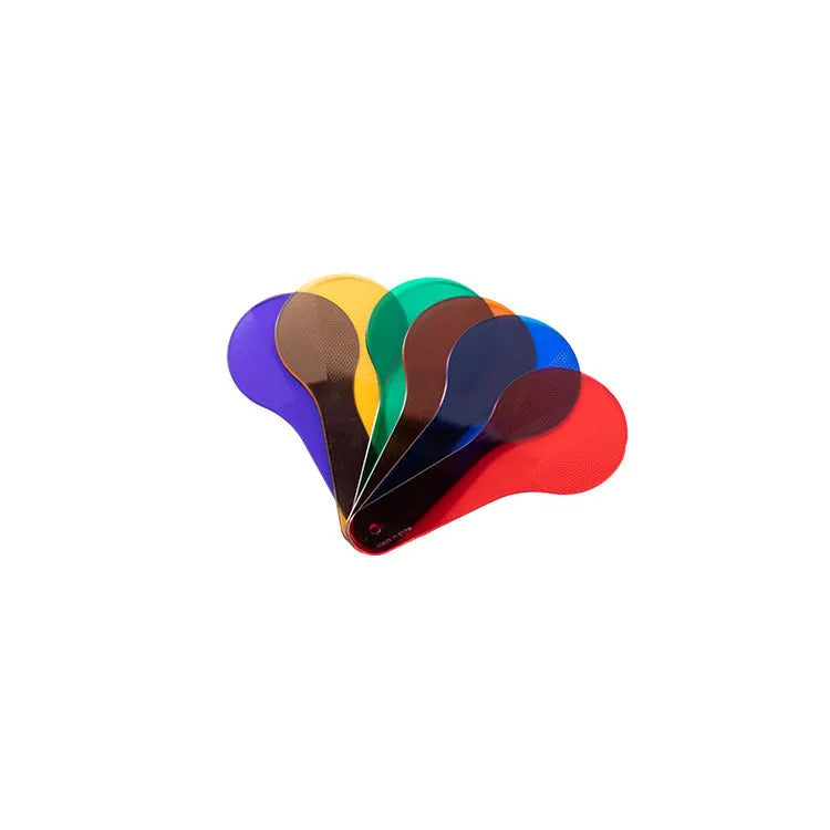 Six colourful PVC learning boards for children, showing red, yellow, blue, green, orange, and purple.