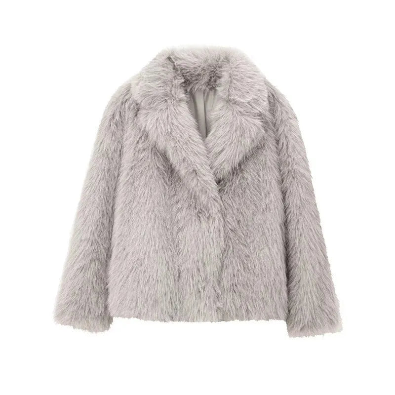 Women's solid colour faux fur jacket with lapel collar and long sleeves in beige, shown front view