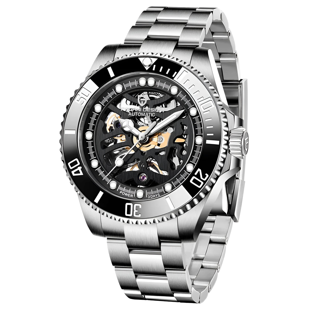 PAGANI Steel Band Mechanical Watch with black dial, luminous hands, and screw-down crown on a stainless steel band