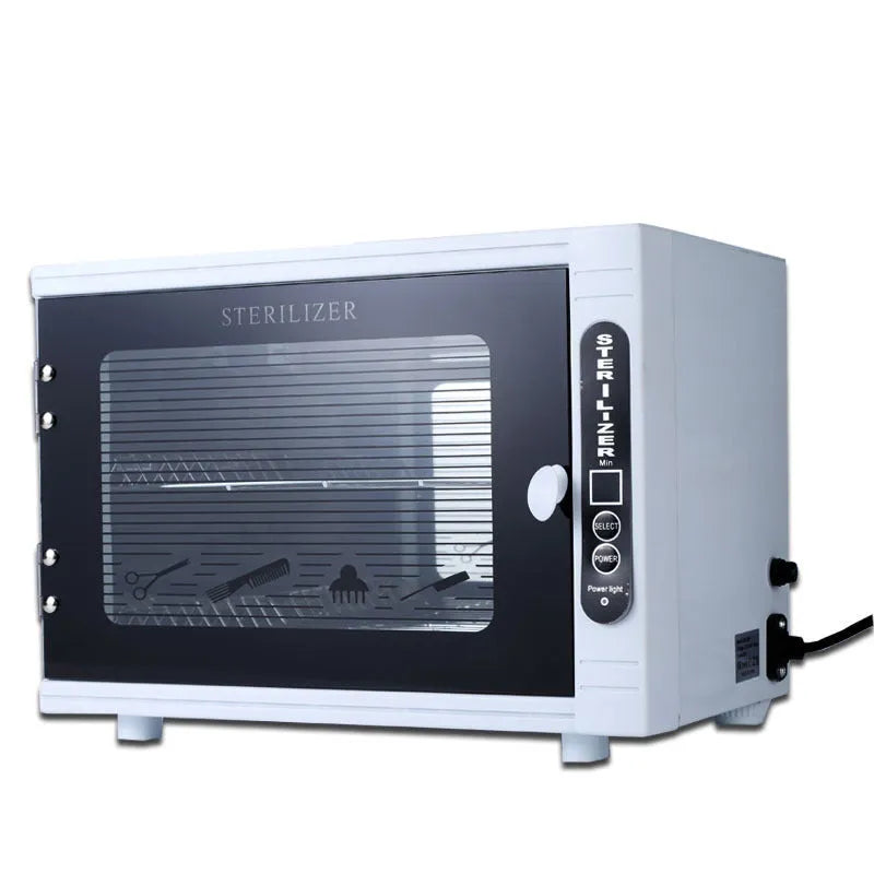 Silver mini UV sterilizer unit with stainless steel interior chamber for tool disinfection