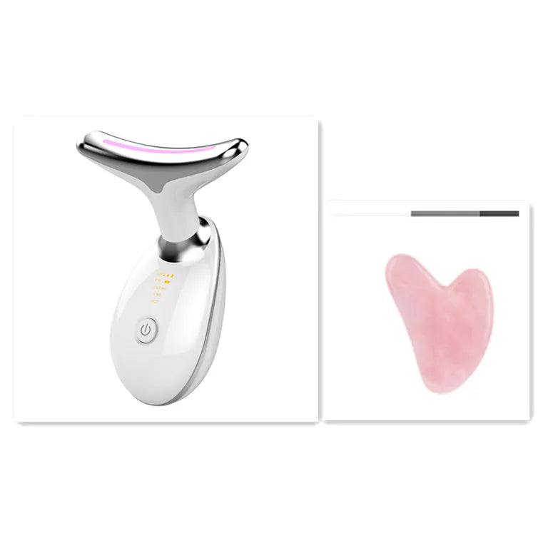 Black silver EMS thermal neck massager with LED lights for facial firming and wrinkle reduction