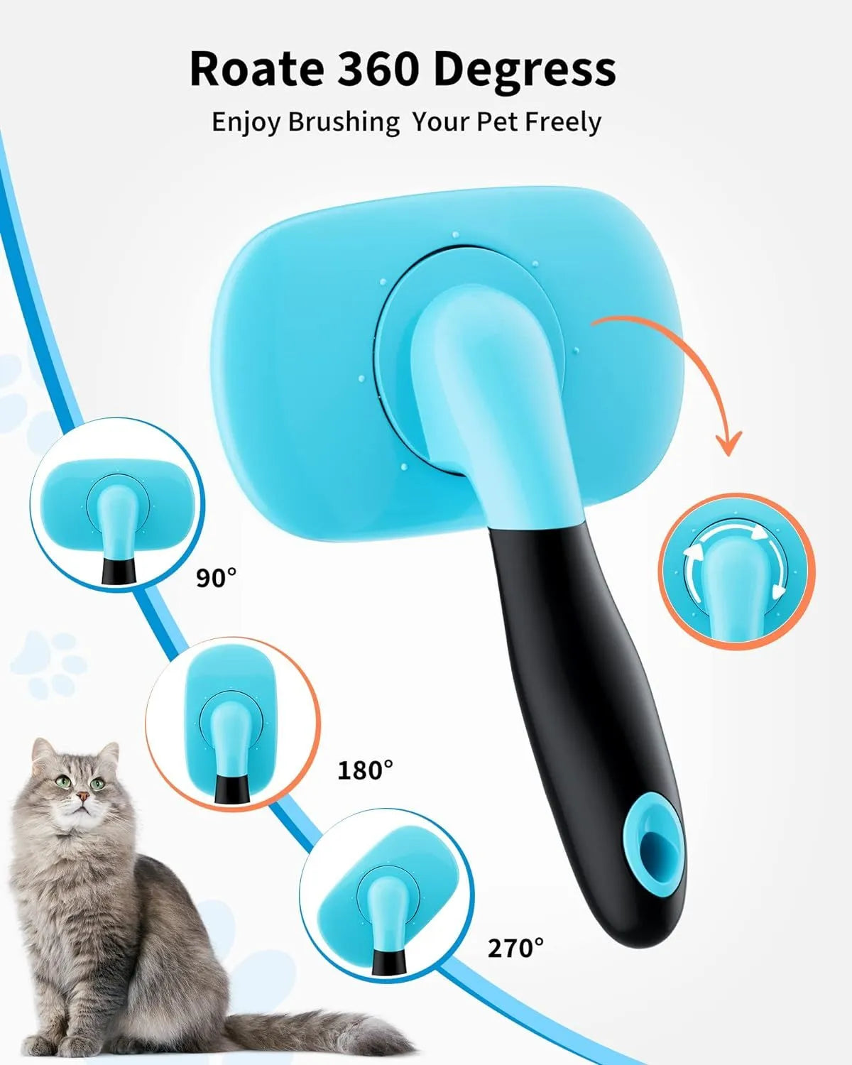 Blue large rectangular pet grooming brush with stainless steel bristles and rubber handle on white background