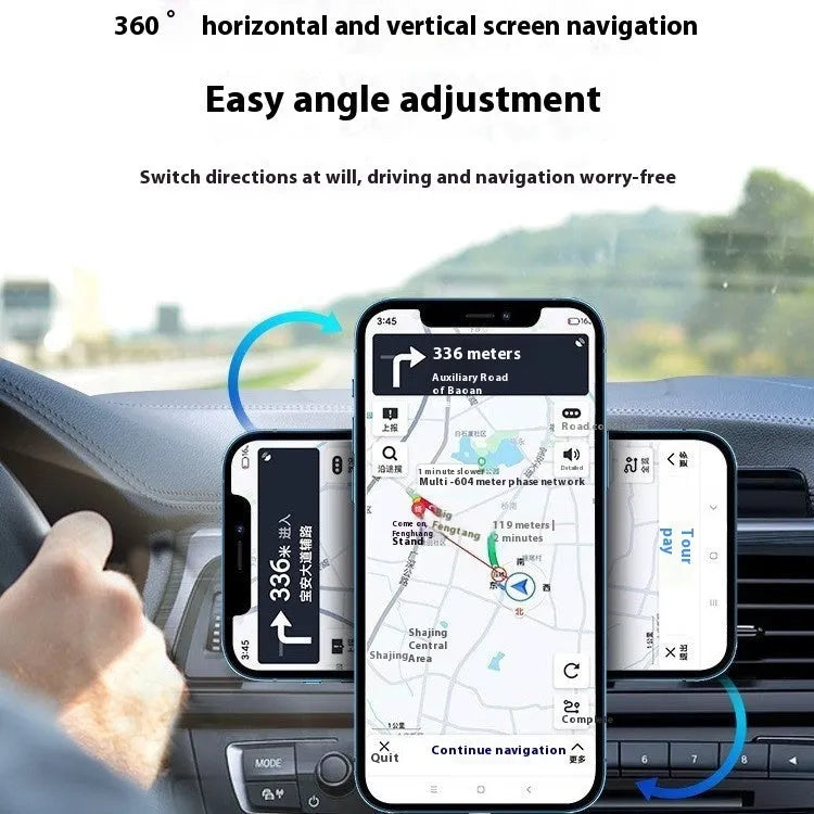 Magnetic car wireless charger holder clipped to a car vent, black X-16 finish, holding a smartphone for hands-free charging and driving.