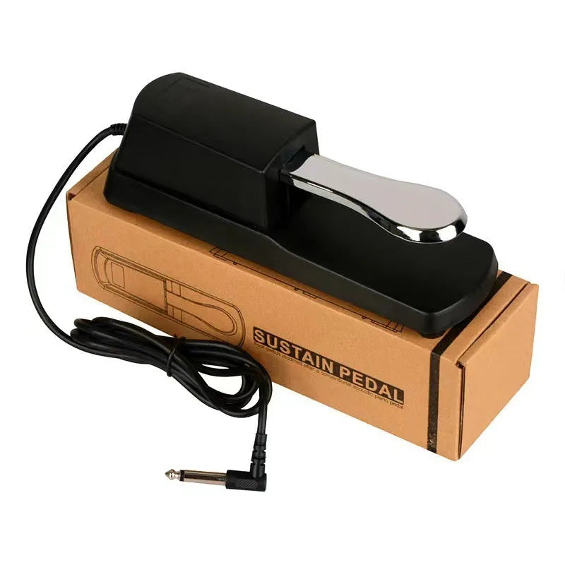 Universal single leg sustain pedal for electronic keyboards with black ABS housing and anti-slip rubber base.