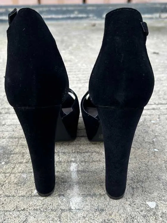 Black women's 13cm chunky heel platform sandals with suede upper and ankle-strap buckle