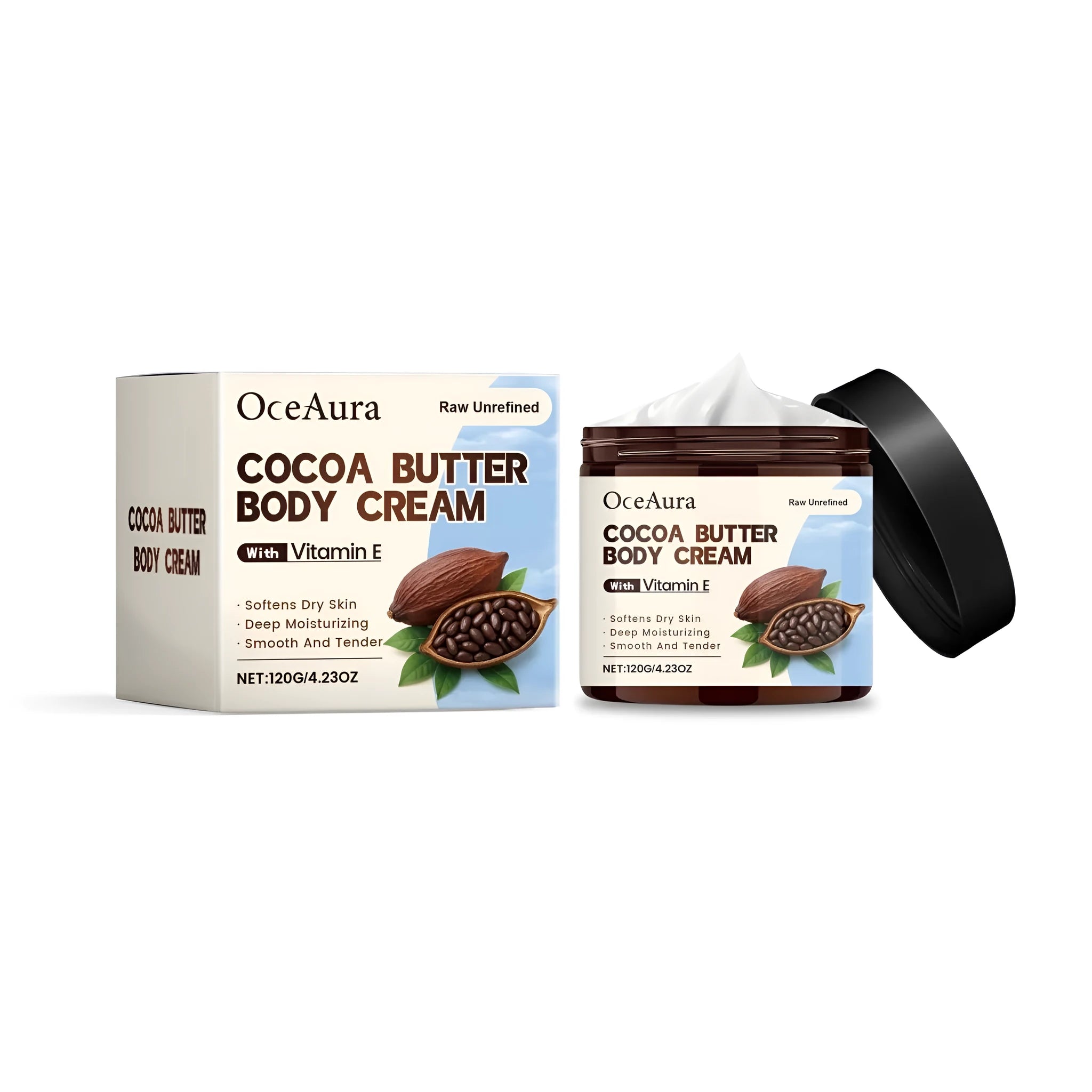 Cocoa Butter Body Cream jar showing 120g moisturiser with vitamin E and coconut oil