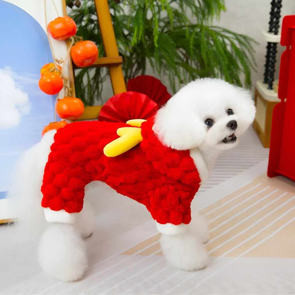 Red velvet dog jacket with cartoon dragon design for festive pet wear