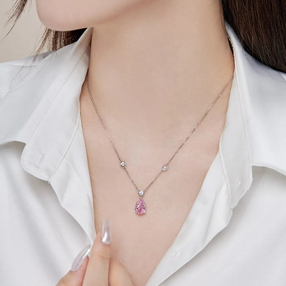 925 silver drop-shaped necklace with electroplated platinum white diamond finish on display