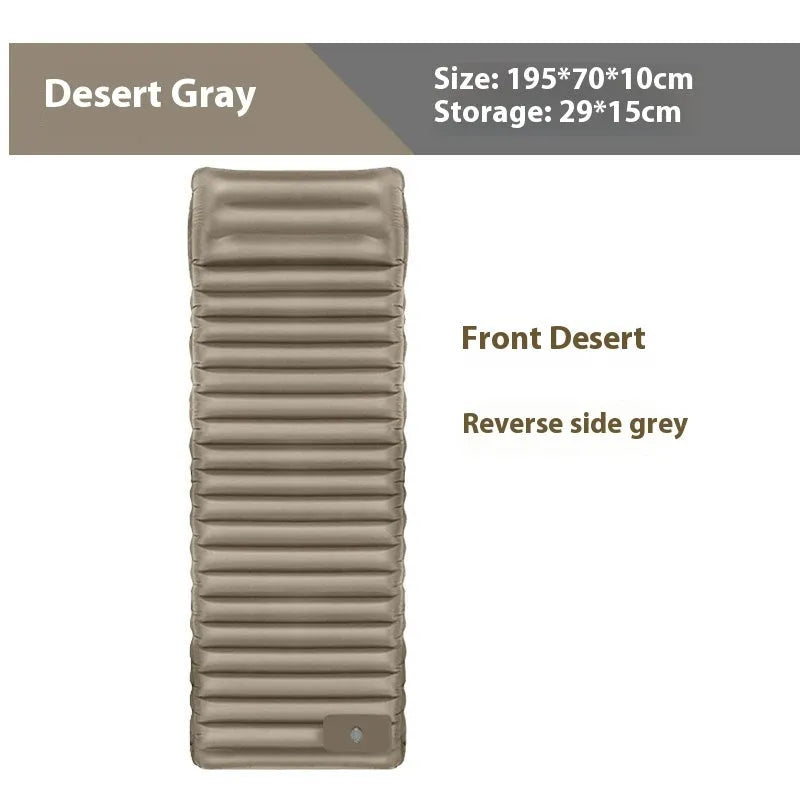 Single inflatable camping mattress in grey colour, shown expanded to its full size.