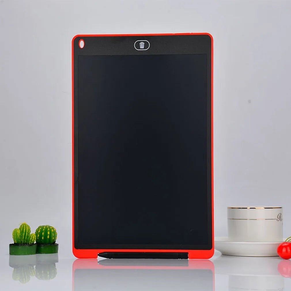 LCD electronic handwriting board for children in blue, showing 12-inch screen with a drawn smiley face.
