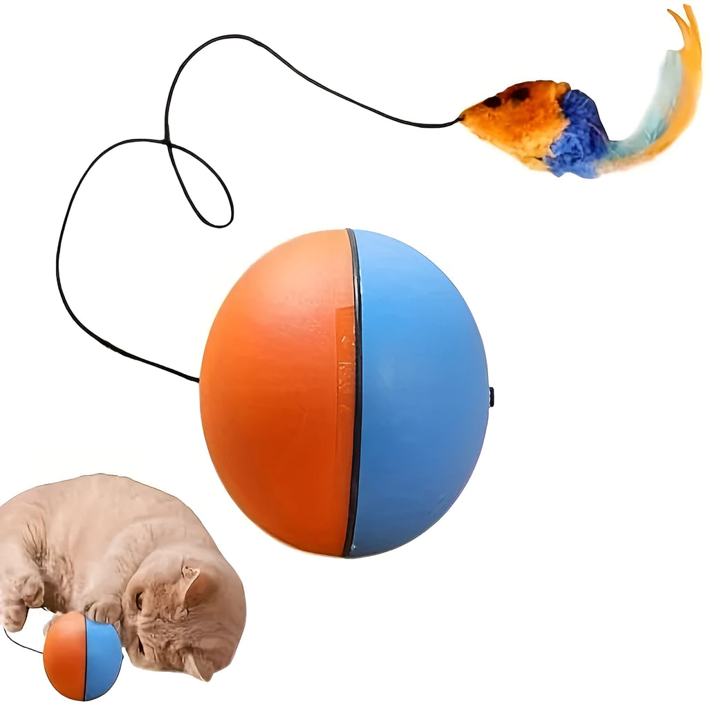 Interactive blue and orange cat toy ball with plush mouse measuring 8.5x8.5x9 cm