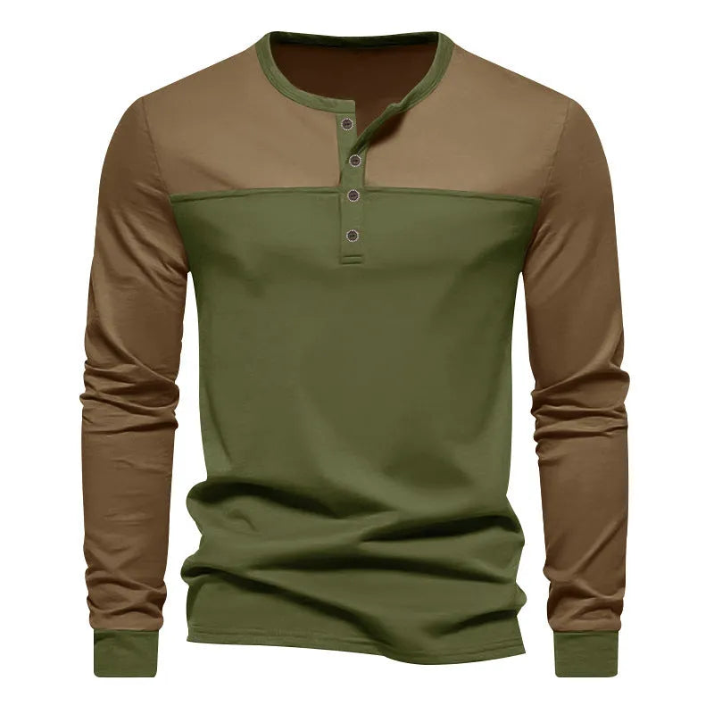 Men's retro colour block long sleeve polyester base shirt in black and brown, loose fit pullover