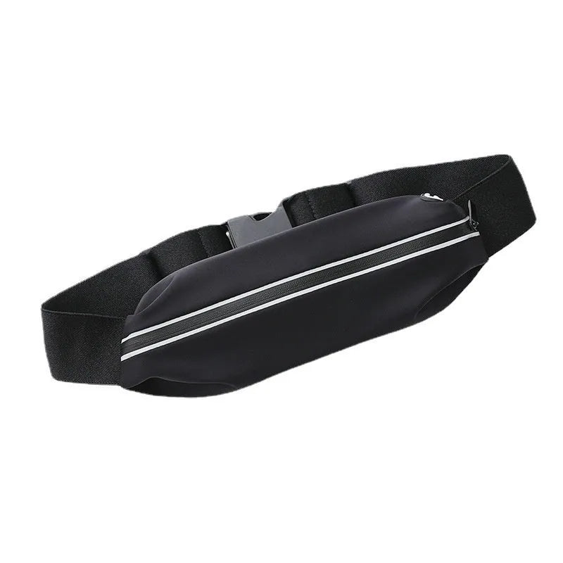 Waterproof nylon outdoor sports waist bag in black worn by runner, ultra-thin design