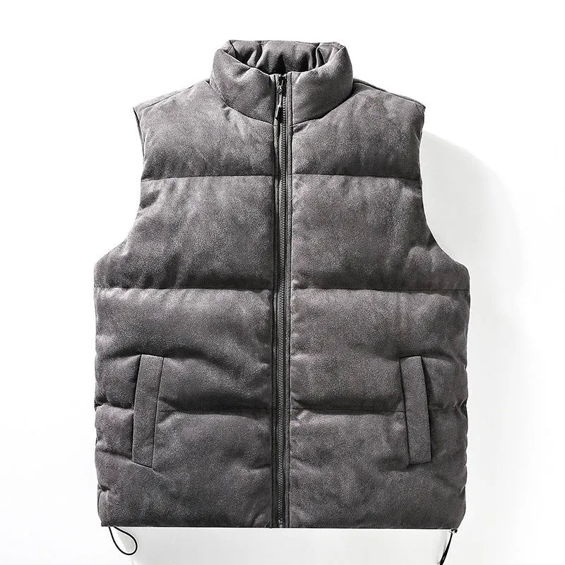 Men's stand-up collar cotton-padded vest in solid colour, loose fit, with slit pockets, available in multiple sizes.