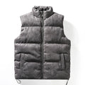 Men's stand-up collar cotton-padded vest in solid colour, loose fit, with slit pockets, available in multiple sizes.