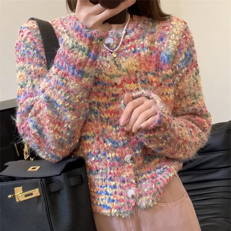 A retro-style slim fit knitted cardigan in a soft pink or green colour with a textured toothbrush hair fabric.