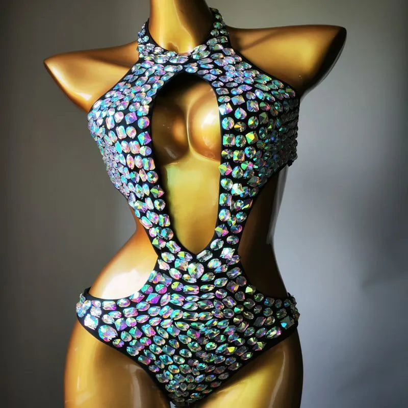 Women's one-piece swimsuit with black mesh diamond pattern on nylon fabric.