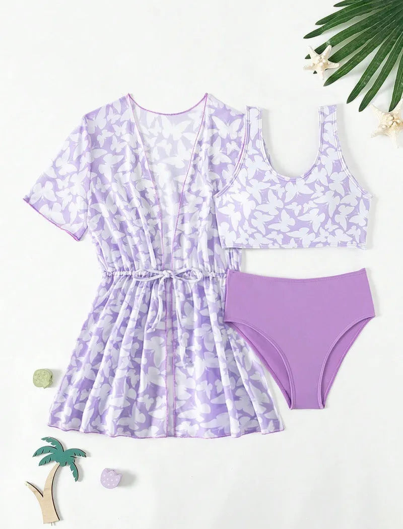 Girls' three piece split swimsuit set in colour 3218, showing coat, vest, and trousers.