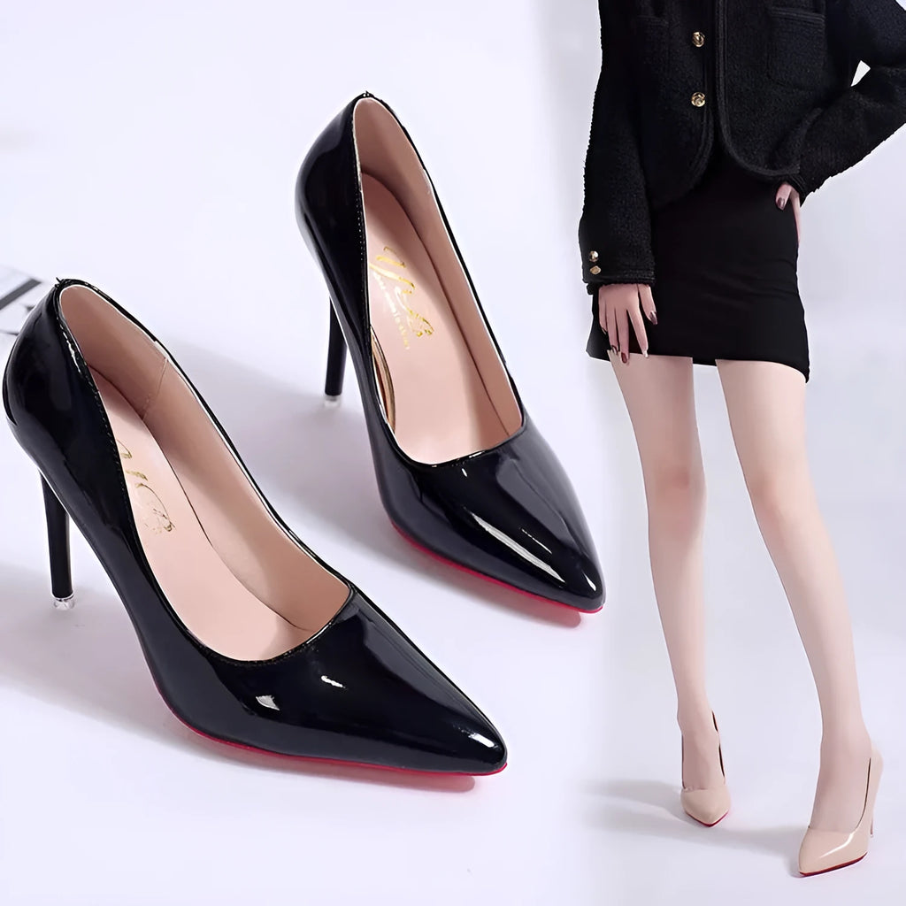 Solid colour women's pointed toe pumps with a stiletto heel on a rubber sole.