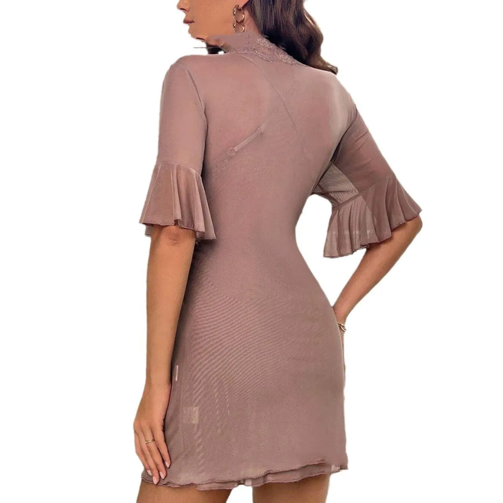 Light purple see-through cross lace bow home wear dress with long sleeves on display