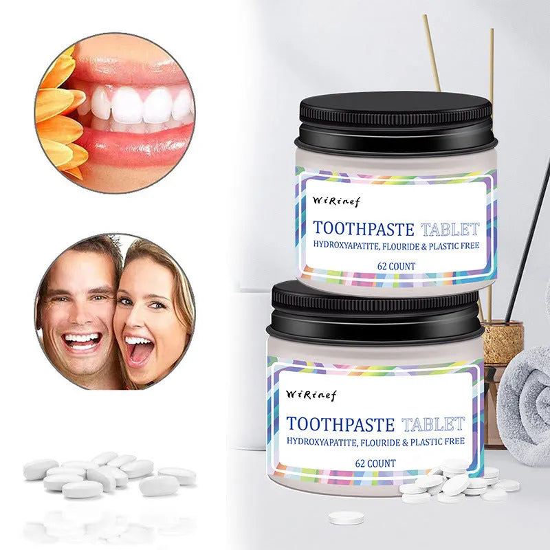 Pack of 62 white solid toothpaste tablets for portable dental cleaning.