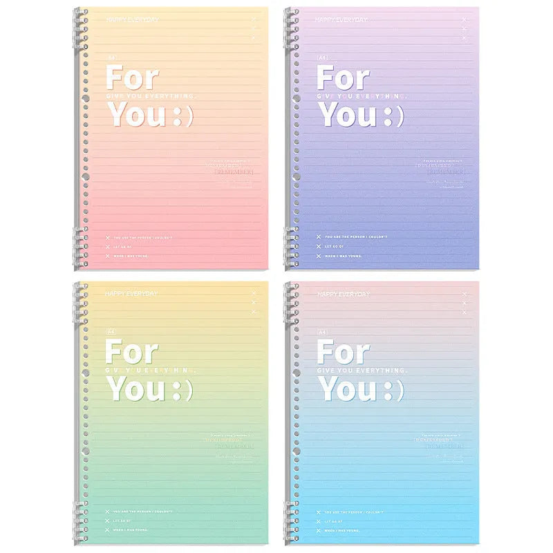 Removable coil gradient notepad in blue, green, pink, or purple with grid paper.