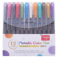 Card album metal pen set with plastic storage case containing multiple black barrel pens in various colours