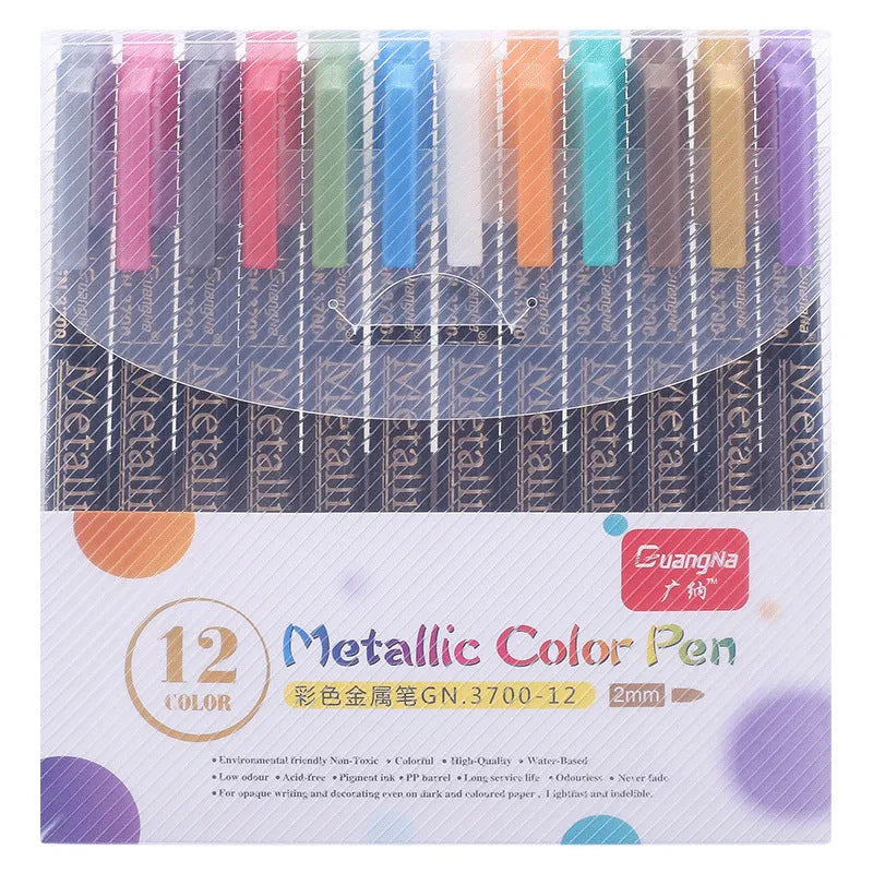 Card album metal pen set with plastic storage case containing multiple black barrel pens in various colours
