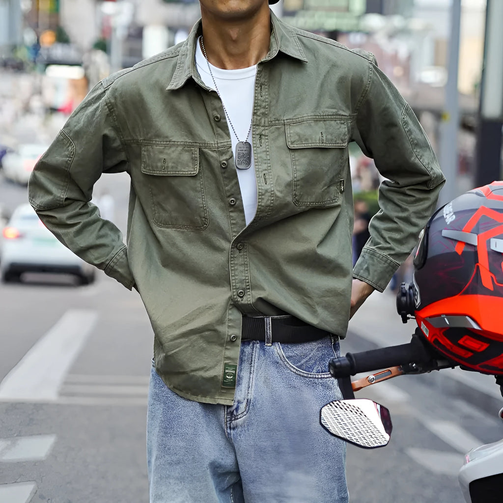 American retro workwear men's long sleeve striped cardigan shirt in Army Green, loose fit cotton blend fabric