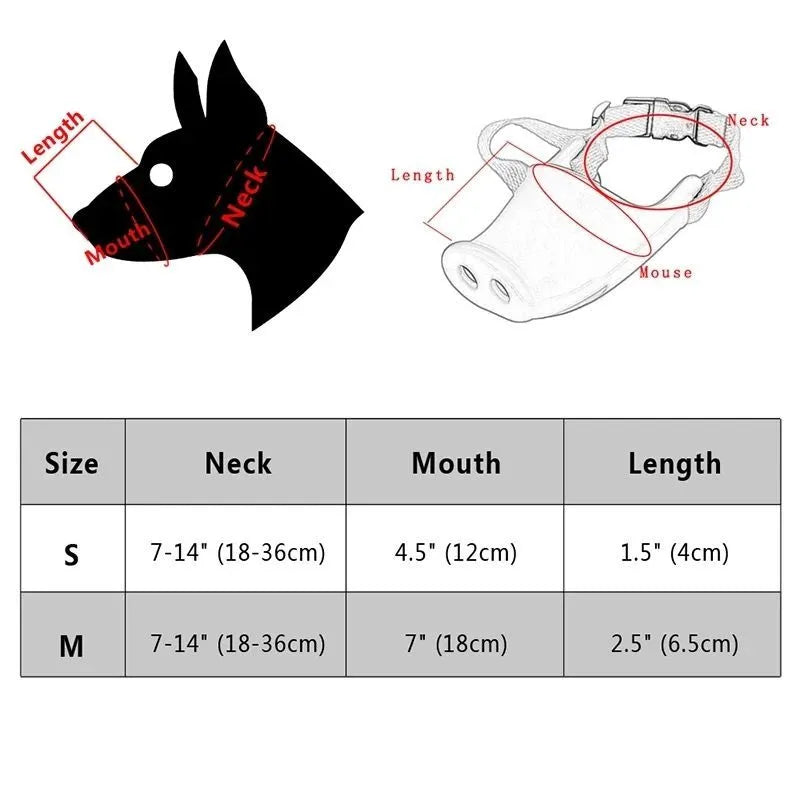 Blue silicone dog anti-bite mouth cover shown on long-mouthed breed with size dimensions displayed