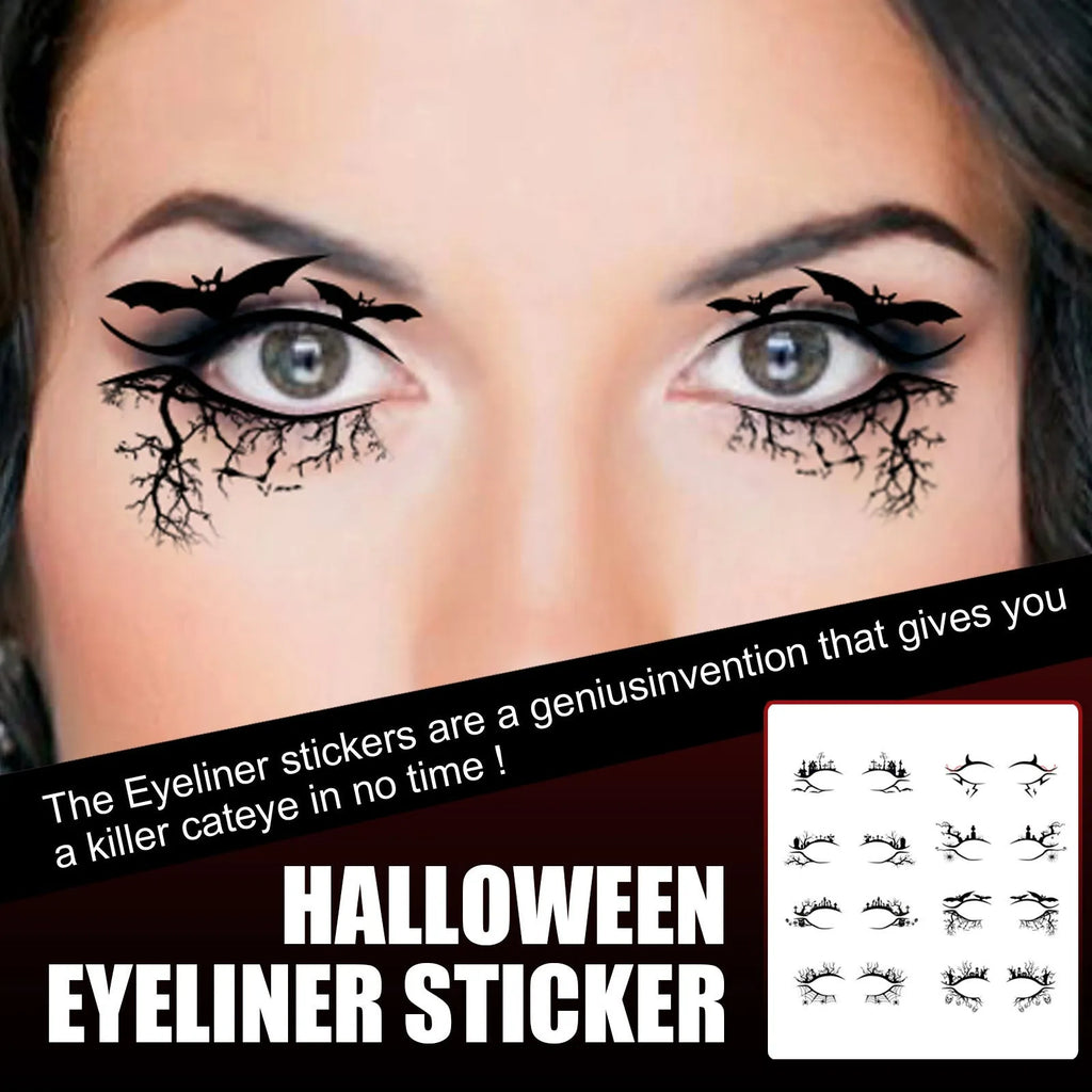 Pack of black bat and spider shaped eyeliner stickers for Gothic Halloween makeup.