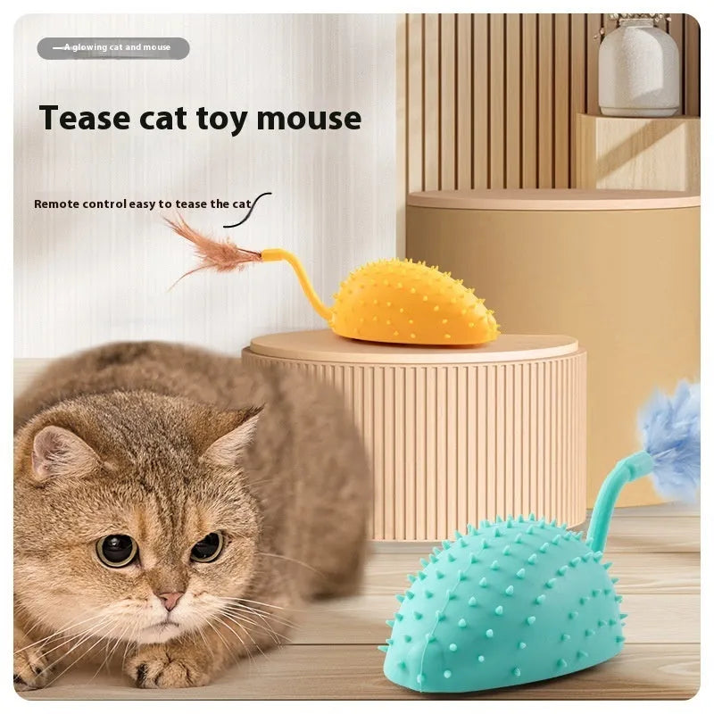 Remote control silicone mouse cat toy with USB charger and feather attachment in cyan colour
